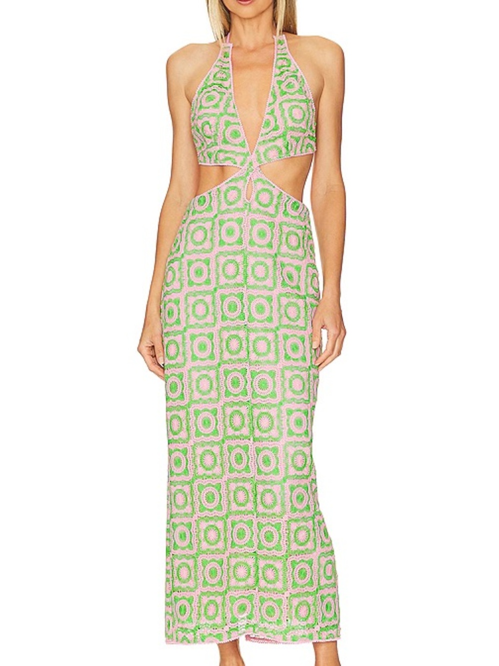 SHOW ME YOUR MUMU Pink and Green Crochet Cutout Maxi Dress